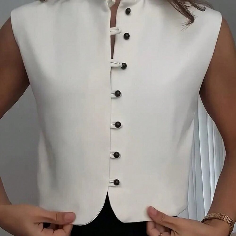 White Casual Women's Elegant Sleeveless Double-Breasted Woven Top - Picture 3 of 6